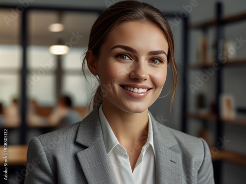 Confident Businesswoman Smiling in a Modern Office Setting with Bright Atmosphere