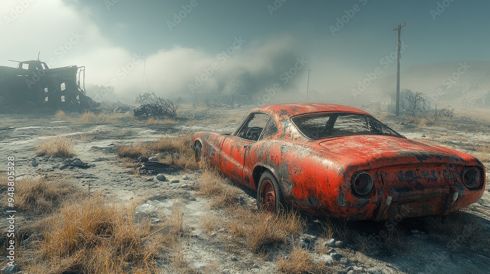Fototapeta premium A Rusty Red Car in a Desolate Landscape