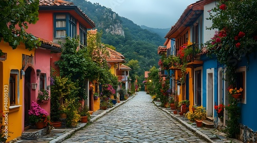 Charming European Village, a delightful scene of cobblestone streets winding through vibrant houses, reflecting the unique character and history of rural Europe.