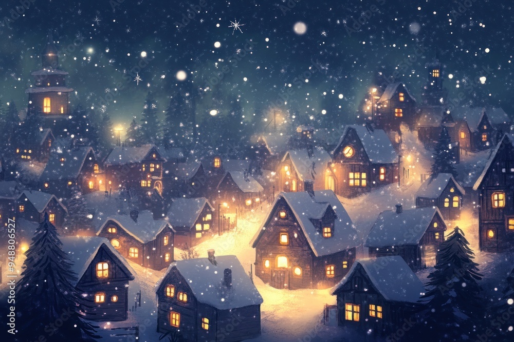 Snow-covered village with glowing windows in a winter night Snow-covered village with glowing windows in a winter night