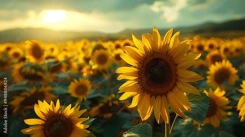 Fototapeta premium A field of yellow sunflowers with a single sunflower in the foreground