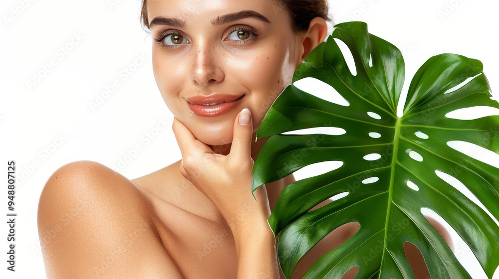 Radiant woman showcasing healthy skin while holding a vibrant green leaf on a white background Radiant woman showcasing healthy skin while holding a vibrant green leaf on a white background