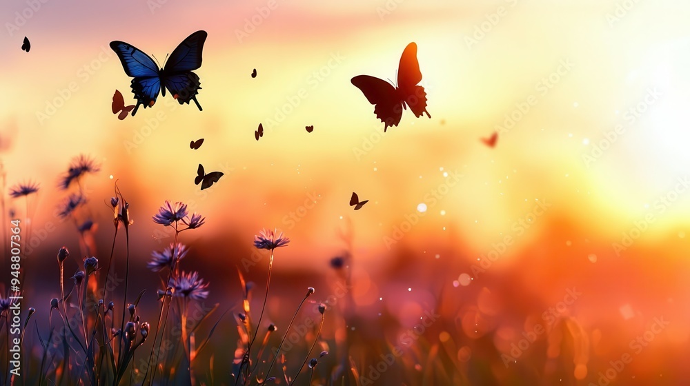 Ethereal Butterfly Silhouettes in Wildflower Meadow at Sunset