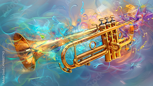 Radiant Gold Trumpet Surrounded by Vibrant Musical Notes Against a Dynamic Blue and Purple Gradient Background