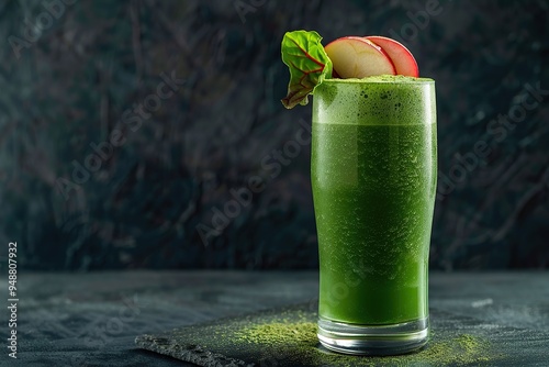 A tall glass of green smoothie with apple and chard, garnished with an olive leaf on the rim photo