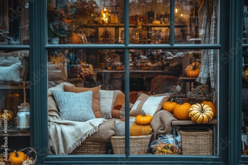 Fall Display in a Shop Window with Pumpkins, Blankets, and Pillows