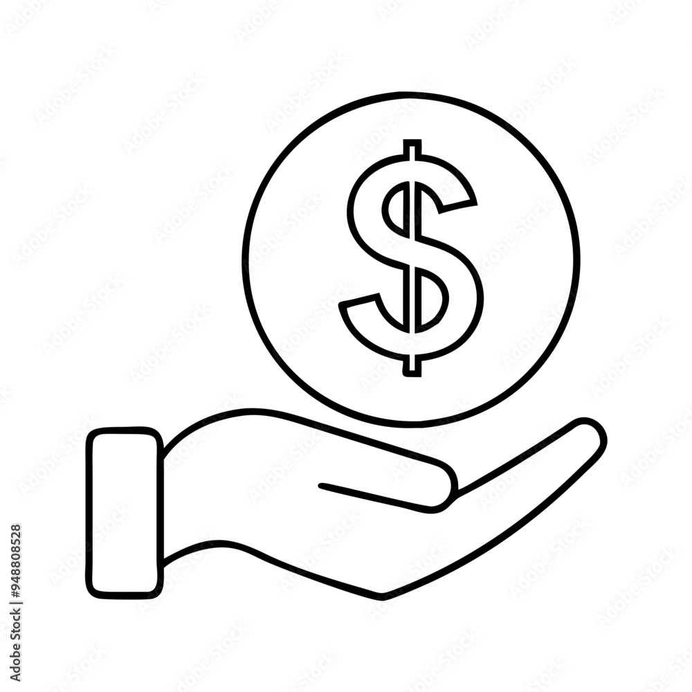 Minimalist black outline hand holding dollar sign icon representing financial management Minimalist black outline hand holding dollar sign icon representing financial management