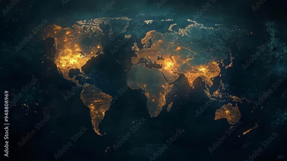 Obraz premium World map with illuminated cities highlighting global connectivity and urbanization against a dark background.