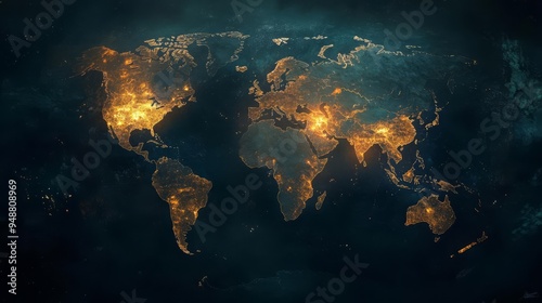 World map with illuminated cities highlighting global connectivity and urbanization against a dark background.