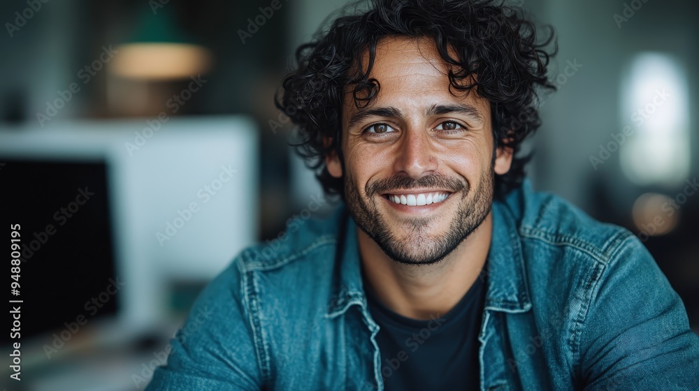 Man with curly hair and a bright, friendly smile poses in a denim jacket within a modern indoor setting, exuding joy and ease in a contemporary environment. Man with curly hair and a bright, friendly smile poses in a denim jacket within a modern indoor setting, exuding joy and ease in a contemporary environment.