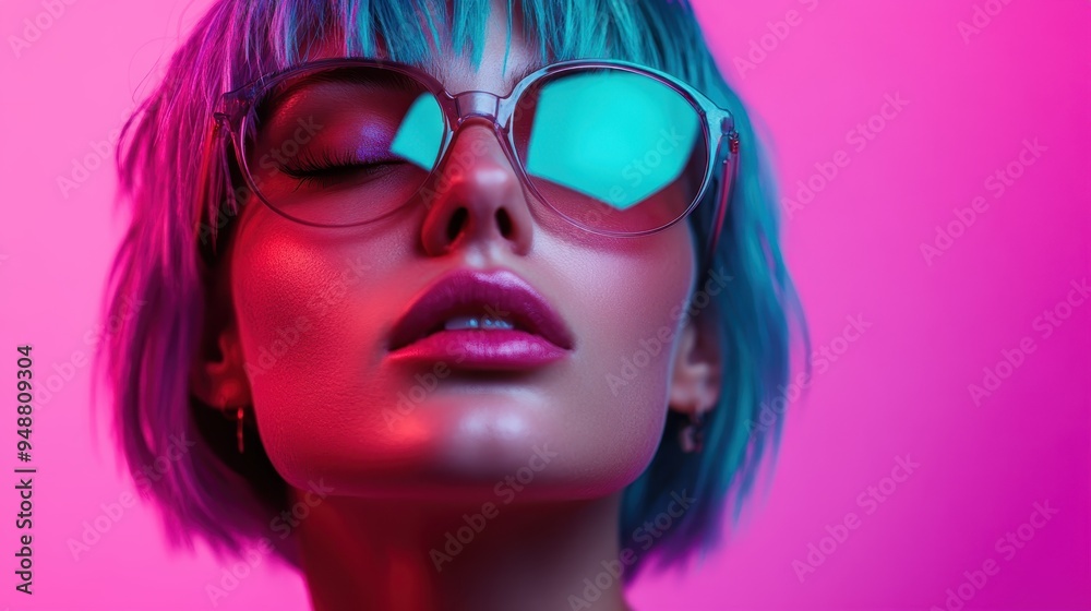 A person with vibrant pastel-colored hair is illuminated by bright lighting, creating a striking backdrop of pink and blue hues, giving a futuristic feel. A person with vibrant pastel-colored hair is illuminated by bright lighting, creating a striking backdrop of pink and blue hues, giving a futuristic feel.