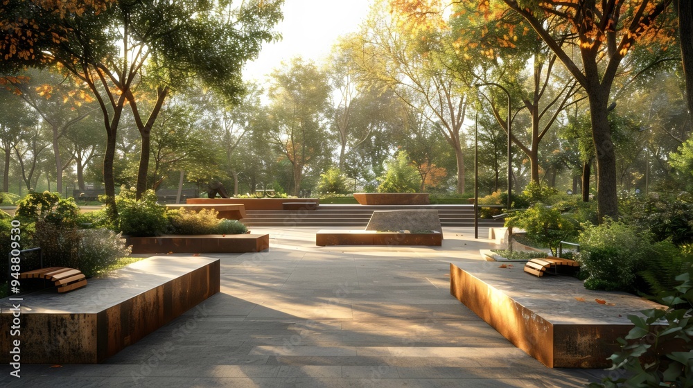 Fototapeta premium A park with a stone bench and a stone wall
