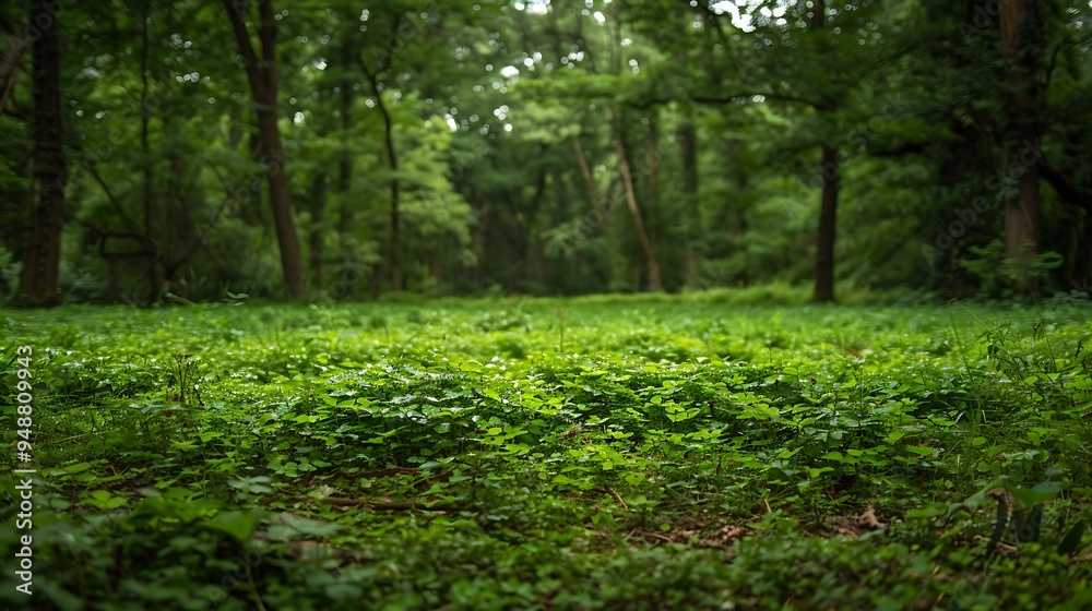 A clump of clover on a grassy landscape with trees all around it A clump of clover on a grassy landscape with trees all around it