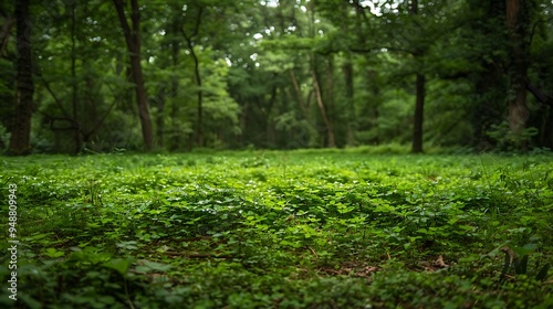 Obraz na płótnie A clump of clover on a grassy landscape with trees all around it w salonie