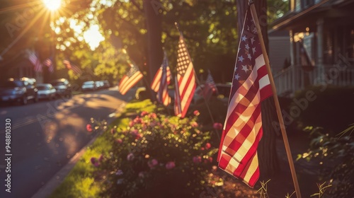 patriotic cityscape with rows of american flags lining a historic street sunlight filtering through stars and stripes creates a powerful memorial day tribute