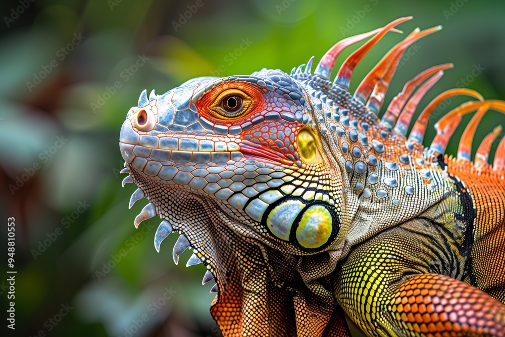 Fototapeta premium close up brightly colored iguana with striking scale patterns and vivid hues, tropical jungle setting with a backdrop of rich greenery, soft, diffused sun creating gentle
