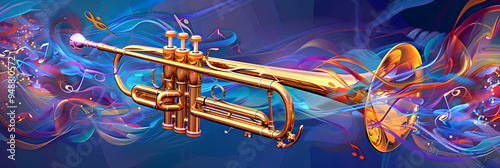 Radiant Gold Trumpet Surrounded by Vibrant Musical Notes Against a Dynamic Blue and Purple Gradient Background