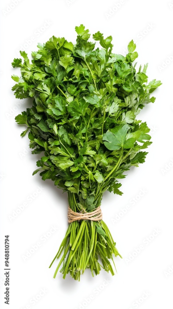 A Bundle of Fresh Green Herbs TiedString onClean White Background A Bundle of Fresh Green Herbs TiedString onClean White Background