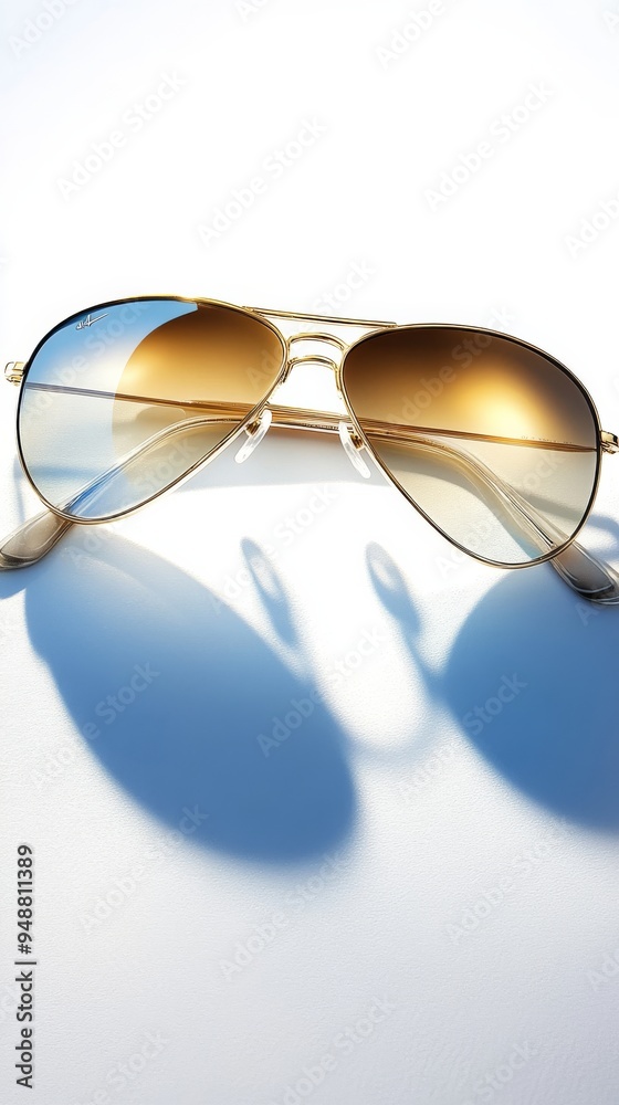 Classic Aviator SunglassesReflective Lenses on White Background and Soft Shadows Classic Aviator SunglassesReflective Lenses on White Background and Soft Shadows