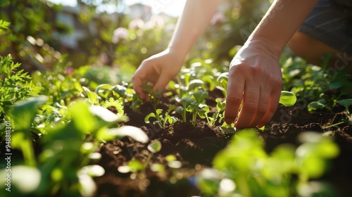 person planting saplings in community garden lush green backdrop diverse vegetables growing nearby warm sunlight filtering through leaves sustainable urban landscape