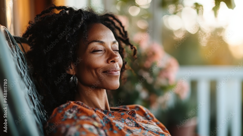 A woman with curly hair and closed eyes is depicted smiling contentedly while sitting outside, with a blurred background of foliage and flowers. A woman with curly hair and closed eyes is depicted smiling contentedly while sitting outside, with a blurred background of foliage and flowers.