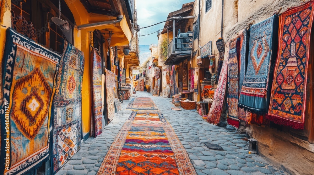 Fototapeta premium Colorful handmade carpets on street in morocco in old tbilisi bazaar in georgia