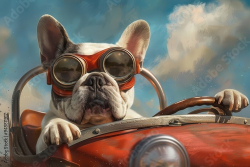 playful pup adventure french bulldog in retro goggles driving vintage pedal car whimsical digital illustration photo