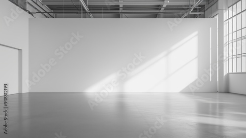 A large, empty room with a white wall and a window. The room is very clean and empty