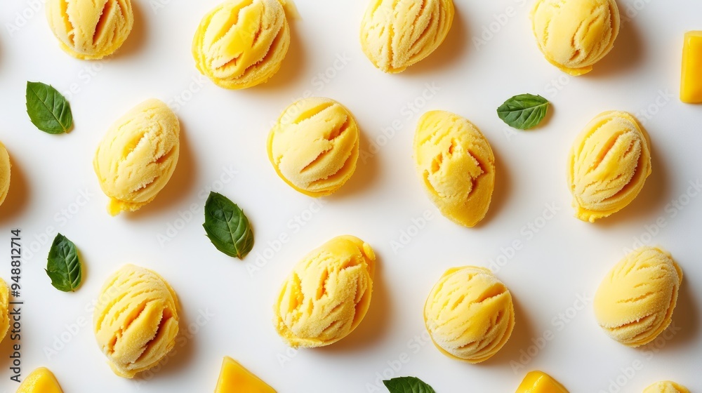 Creative layout made of mango ice cream on the white background. Flat lay. Food concept. Macro concept. Vegan ice ream