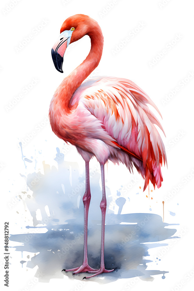 Fototapeta premium pink flamingo standing in water, watercolor bird illustration, isolated clipart for design projects