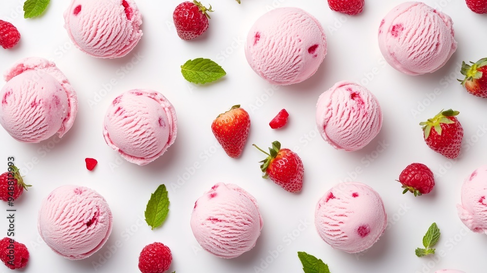 Fototapeta premium Creative layout made of strawberry ice cream on the white background. Flat lay. Food concept. Macro concept. Vegan ice ream