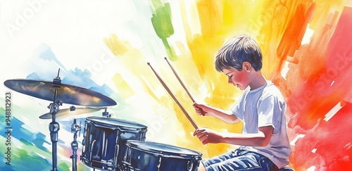 Watercolor illustration, International Music Day, boy playing drums photo