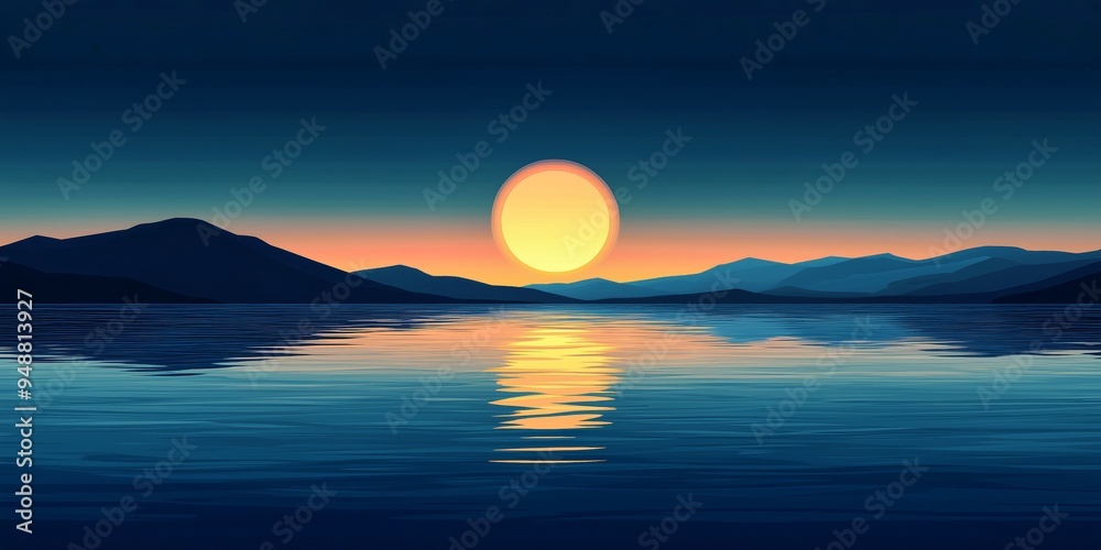 A serene flat vector illustration of the sun setting over calm waters, featuring a minimalist and peaceful scenic design with soft colors, Sunset, Calm Waters, Flat Design A serene flat vector illustration of the sun setting over calm waters, featuring a minimalist and peaceful scenic design with soft colors, Sunset, Calm Waters, Flat Design