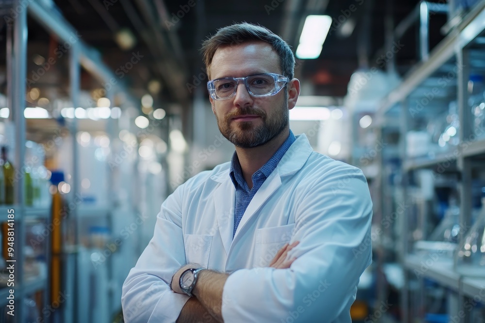 Scientist wearing glasses and a lab coat in a laboratory. Scientist wearing glasses and a lab coat in a laboratory.