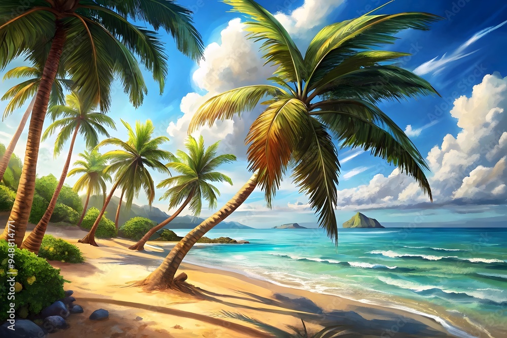 Obraz premium Tropical Paradise Beach Palm Trees Ocean Waves Blue Sky Sunshine