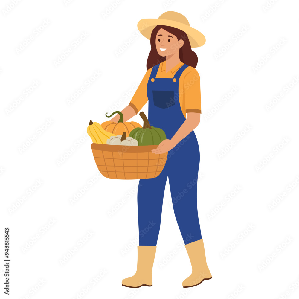 Farmer holding basket with autumn harvest vegetables. Hello pumpkin season.Work and harvest. Vector Illustration Farmer holding basket with autumn harvest vegetables. Hello pumpkin season.Work and harvest. Vector Illustration