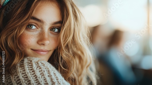 The image depicts a young girl with wavy hair and freckles, smiling gently while glancing back over her shoulder, representing warmth and joyous moments. photo