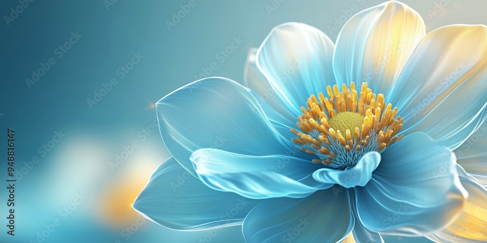 Obraz premium A visually stunning digital illustration of a blooming flower with a blue and yellow gradient, Digital Art, Floral, Blooming, Blue, Yellow, Gradient, Soft Lighting