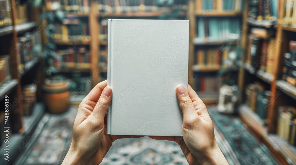 Person holds blank book cover in both hands, standing amidst a cozy, vintage library overflowing with colorful books. Mock up book cover, copy space Person holds blank book cover in both hands, standing amidst a cozy, vintage library overflowing with colorful books. Mock up book cover, copy space