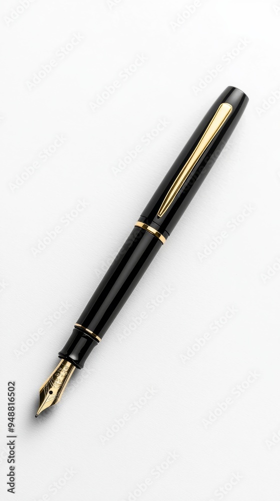 Elegant Black Fountain PenGold Accents onPure White Background Ideal for Writing Elegant Black Fountain PenGold Accents onPure White Background Ideal for Writing