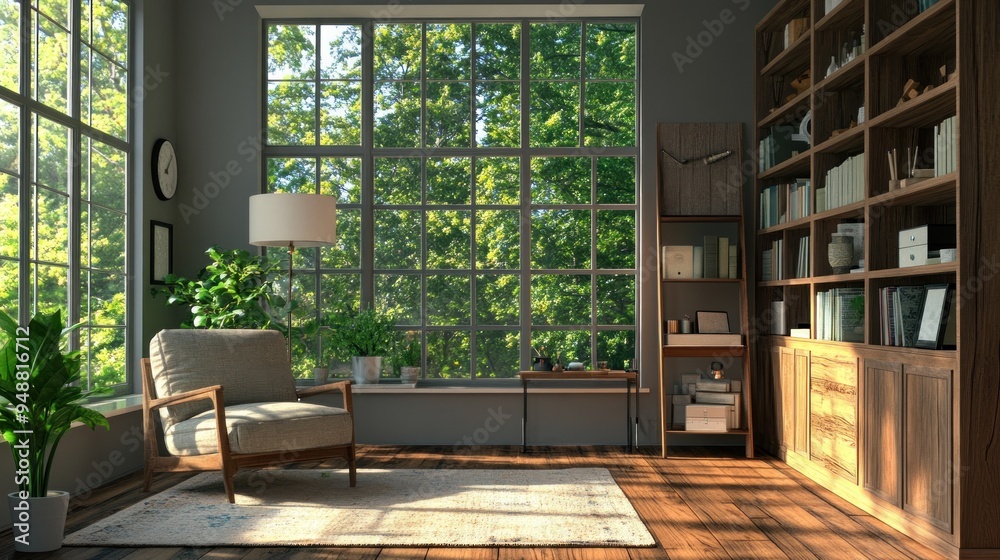A cozy living room with a large window overlooking a green garden, a comfortable armchair, and a wooden bookcase. A cozy living room with a large window overlooking a green garden, a comfortable armchair, and a wooden bookcase.