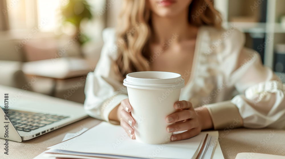 Young blond woman holds paper coffee cup, surrounded by a neatly arranged workspace. The warm light showcasing tranquility in her routine. Mock up coffee cup, copy space Young blond woman holds paper coffee cup, surrounded by a neatly arranged workspace. The warm light showcasing tranquility in her routine. Mock up coffee cup, copy space