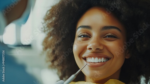 Close-up of a beautiful Black woman with curly hair, smiling while getting her teeth inspected by a dentist, copy space
