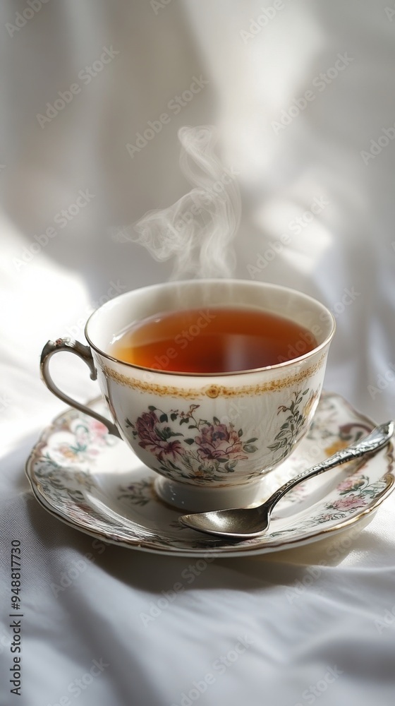 Elegant Porcelain TeacupFloral Patterns and Steaming Tea on White Background Elegant Porcelain TeacupFloral Patterns and Steaming Tea on White Background