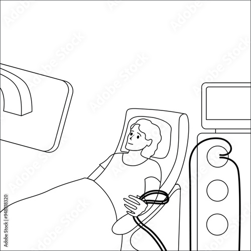 Hemodialysis. Illustration of a female patient lying in the hospital. Drawing with simple lines. Medical poster