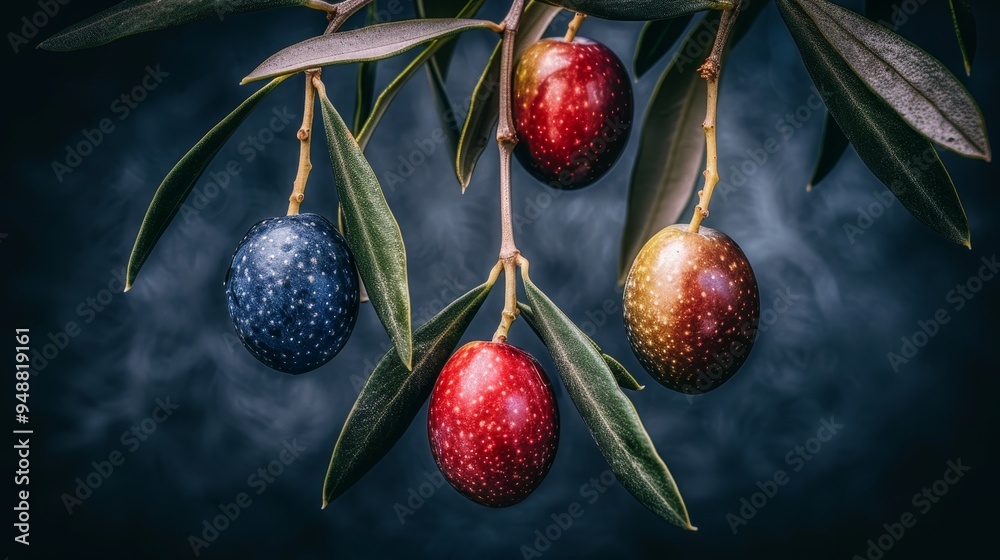 Obraz premium Close up view of ripe olives hanging on the tree showcasing nature s abundant harvest and beauty