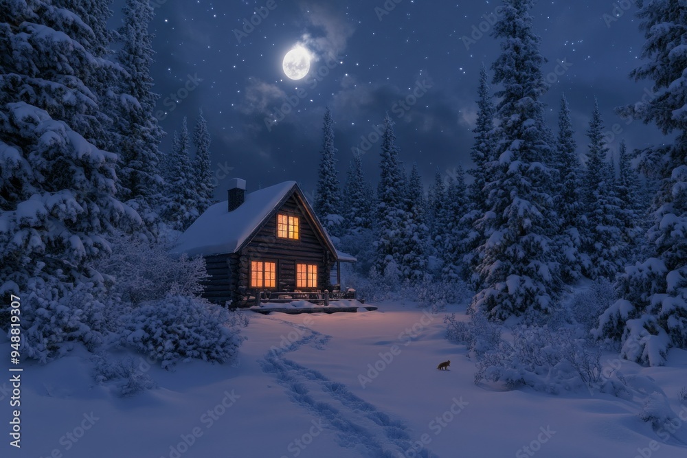 A Cozy Cabin in a Snowy Forest Under a Starry Night Sky
