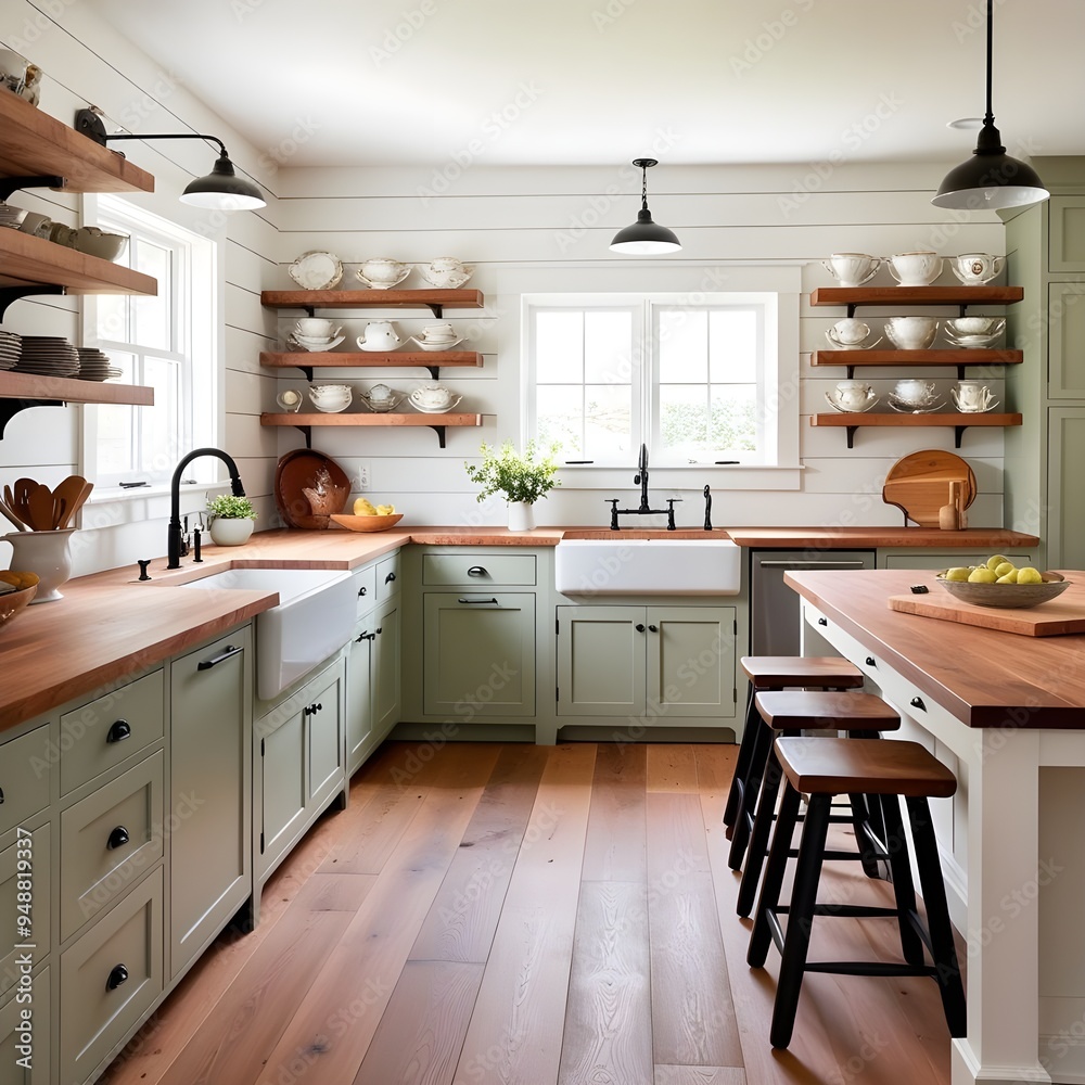 Fototapeta premium Rustic Farmhouse Kitchen, Warm and inviting farmhouse kitchen with white shiplap walls