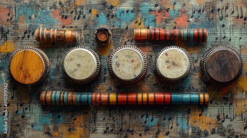 musical instrument collage, an eclectic collage featuring tambourines, maracas, harmonicas, and flutes set against a backdrop of musical notes photo