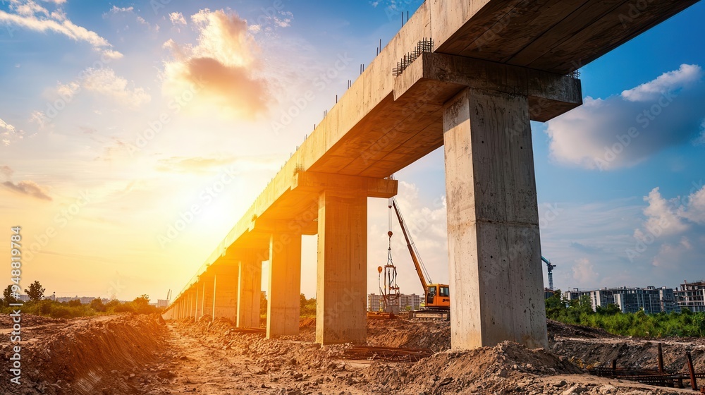 Modern Bridge Construction Project with Engineers and Heavy Machinery Modern Bridge Construction Project with Engineers and Heavy Machinery
